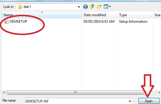 Hướng dẫn cài đặt driver máy photocopy Ricoh 5002: chọn tập tin OEMSETUP.inf → Open