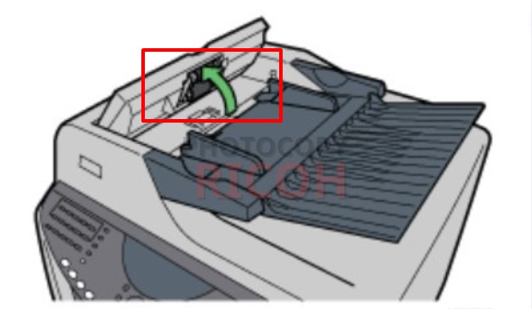 lỗi kẹt giấy máy photocopy Ricoh - kẹt khay tự động ADF: Mở nắp khay ADF theo hình