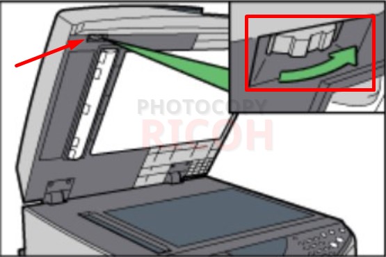 Xử lí lỗi kẹt giấy máy photocopy Ricoh - kẹt khay tự động ADF: nếu giấy kẹt cứng, xoay núm như hình minh họa