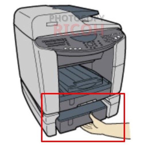 Xử lí lỗi kẹt giấy máy photocopy Ricoh - kẹt khay 2 (Tray 2): nâng nhẹ và kéo khay ra ngoài