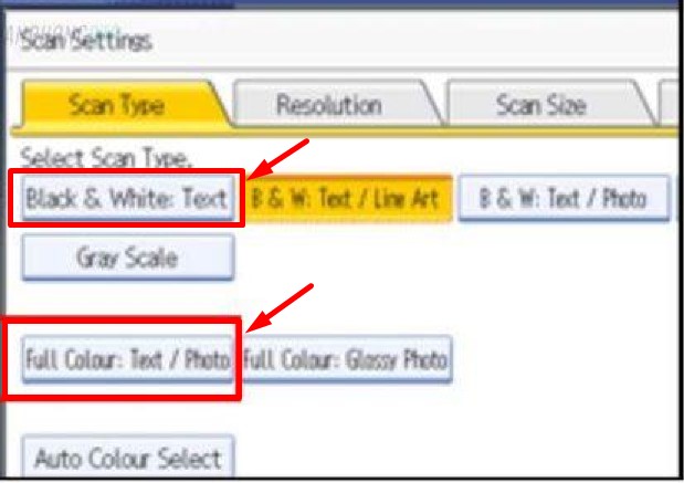 cách scan tài liệu từ máy photocopy vào máy tính : chọn FULL COLOR/ TEXT PHOTO để scan màu, chọn BLACK & WHITE TEXT để scan đen trắng