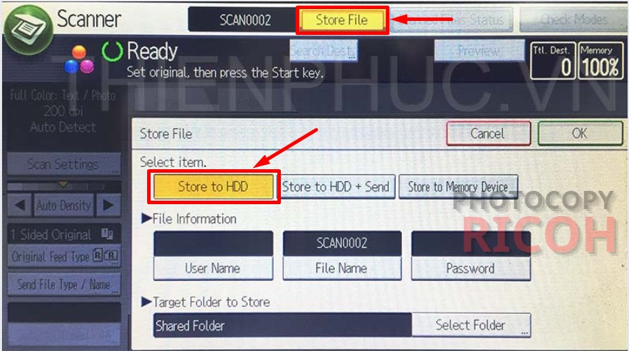 cách scan tài liệu từ máy photocopy vào máy tính : Chọn STORE FILE → chọn STORE ONLY để đặt lệnh scan và lưu trữ file. Cần nhớ đổi tên file.