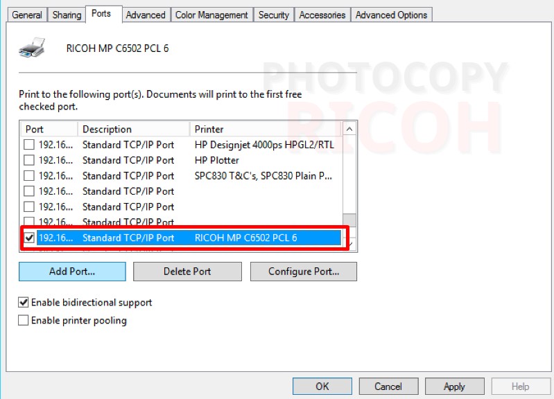 Cách tìm địa chỉ IP của máy photocopy Ricoh trên máy tính: chọn thẻ Port, bạn sẽ tìm được địa chỉ IP của máy