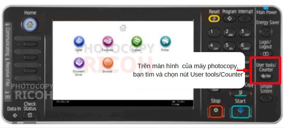 Cách cài đặt khổ giấy cho máy photocopy Ricoh : Trên màn hình cảm ứng, bạn tìm và chọn User tools/Counter.