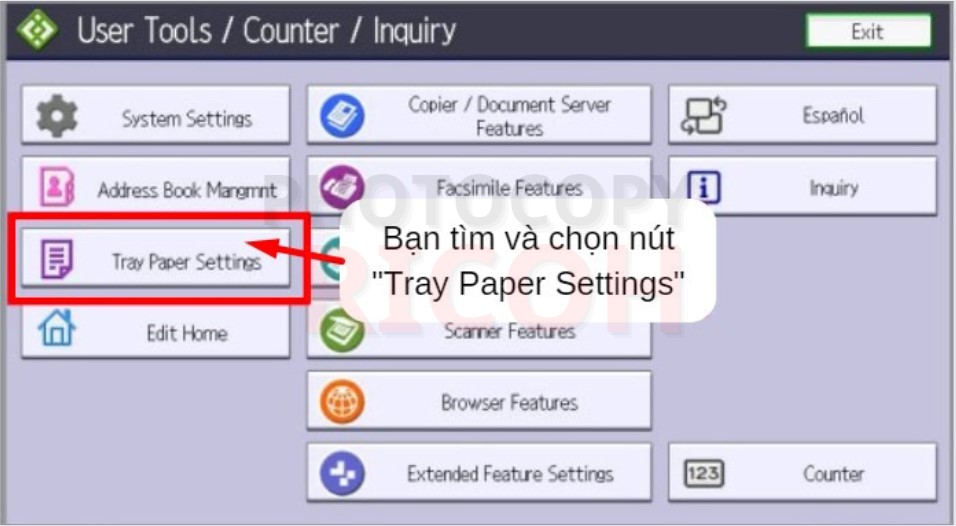 Cách cài đặt khổ giấy cho máy photocopy Ricoh: tiếp tục chọn Tray Paper Settings.