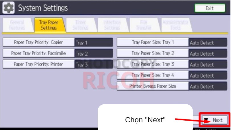 Cách cài đặt khổ giấy cho máy photocopy Ricoh : Chọn Next