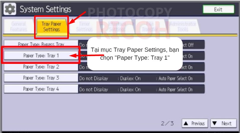 Cách cài đặt khổ giấy cho máy photocopy Ricoh : Chọn Paper Type: tray 1, tiếp tục chọn Next