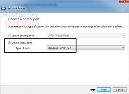 Hướng dẫn cài đặt driver máy photocopy Ricoh 5002: chọn Create a new port → Standard TCP/IP Port → Next 