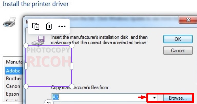 Hướng dẫn cài đặt driver máy photocopy Ricoh 5002: chọn Browse