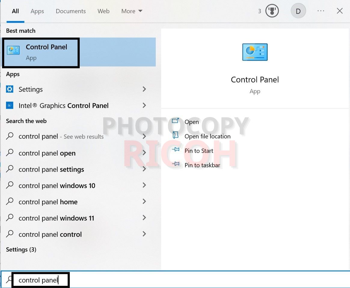 Hướng dẫn cài đặt driver máy photocopy Ricoh 5002: sau khi nhấn phím Windows, ta gõ dòng Control Panel vào ô tìm kiếm