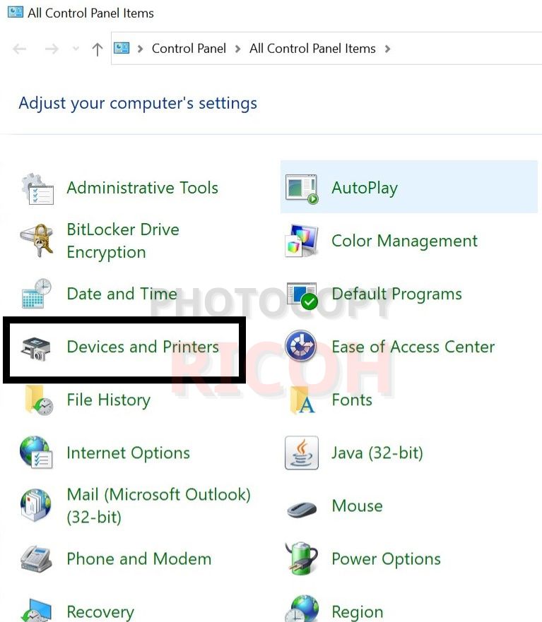 Hướng dẫn cài đặt driver máy photocopy Ricoh 5002: chọn Devices and Printers 