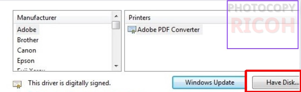 Hướng dẫn cài đặt driver máy photocopy Ricoh 5002: chọn Have Disk