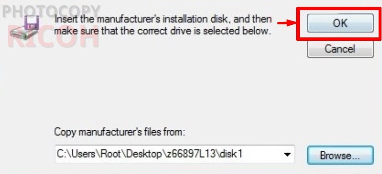 Hướng dẫn cài đặt driver máy photocopy Ricoh 5002: chọn OK