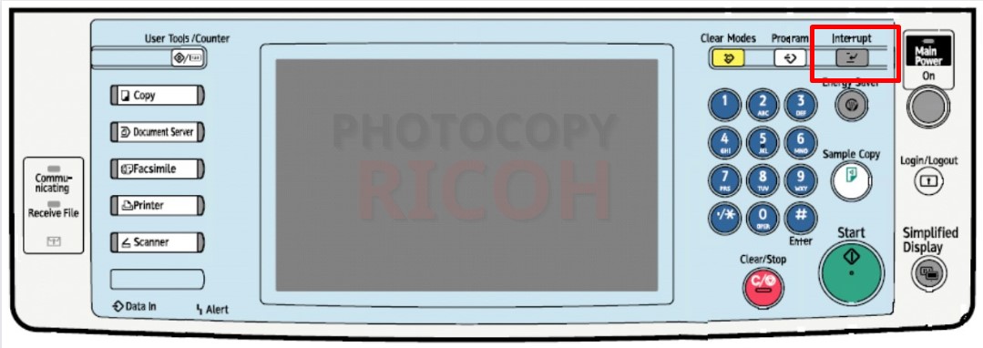 hướng dẫn sử dụng máy photocopy Ricoh : Phím Interrupt được dùng để tạm dừng việc đang thực hiện.