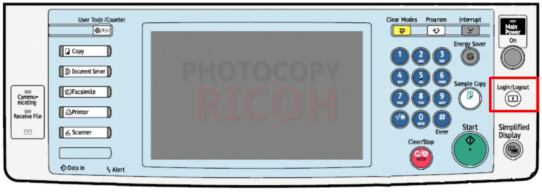hướng dẫn sử dụng máy photocopy Ricoh : Phím Login/Logout để người dùng đăng nhập hoặc đăng xuất khi sử dụng máy photocopy.