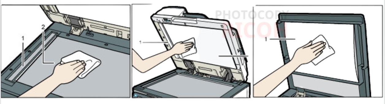Vệ sinh máy photocopy : sử dụng khăn mềm và khô ráo để lau bộ khung máy (tuyệt đối không dùng các chất tẩy rửa mạnh có tính ăn mòn) và các bộ phận như kính phơi sáng, lau tờ, bộ nạp tự động....