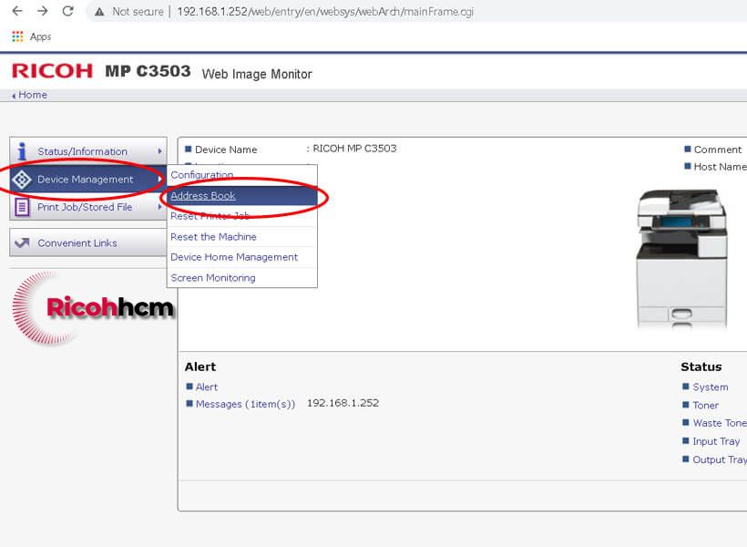 Hướng dẫn cài Scan To Folder photocopy RICOH : chọn Device management sau đó chọn Address Book