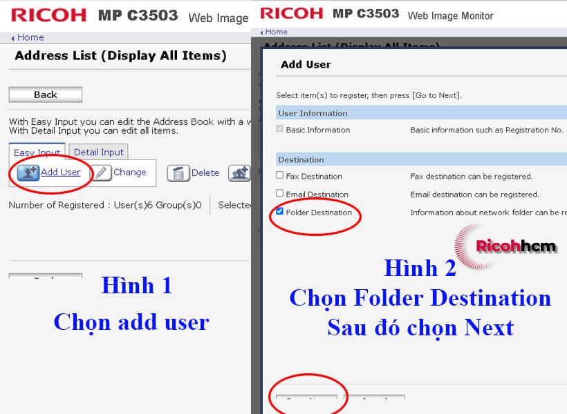 Hướng dẫn cài Scan To Folder photocopy RICOH : đặt tên người dùng và dán đường dẫn của thư mục đã share
