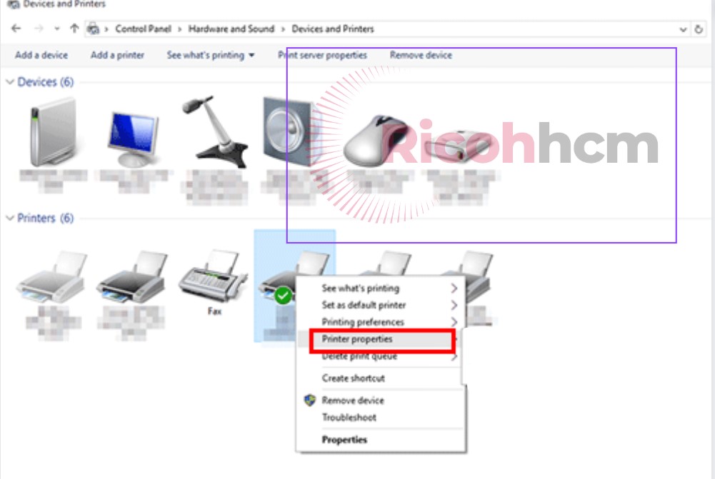 4 bước tránh in file pdf 2 mặt bị ngược ở máy photo ricoh: di chuyển chuột đến tên máy photocopy Ricoh bạn muốn sử dụng và click chuột phải, chọn “Printer properties”.