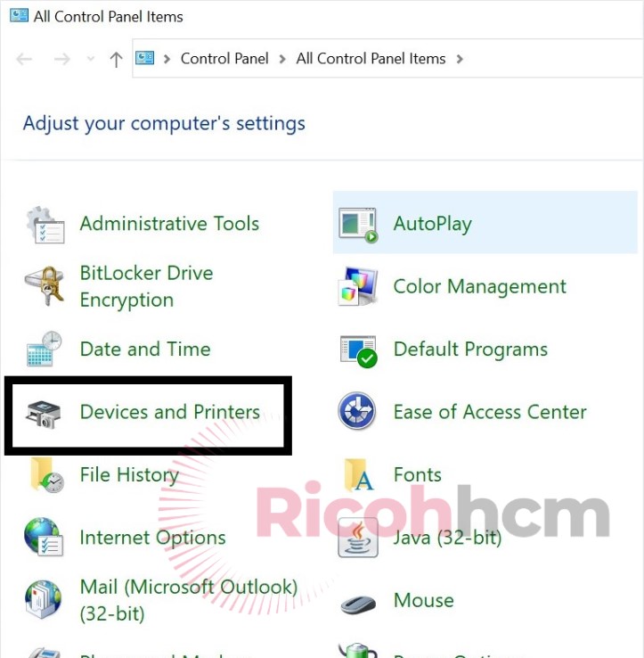 4 bước tránh in file pdf 2 mặt bị ngược ở máy photo ricoh: mở máy tính, nhấn vào “Start” rồi chọn mục “Devices and Printer” để xem danh sách các thiết bị và máy in hiện có
