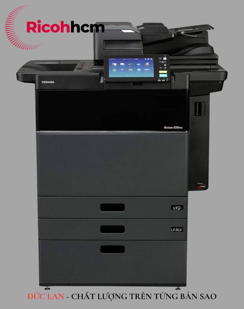 Máy photo công suất lớn đa chức năng cao cấp Toshiba e-Studio 7506AC in và sao chụp với giấy có kích thước từ A6 đến SRA3, hỗ trợ in ấn từ các thiết bị di động và tích hợp nhiều tính năng bảo mật.