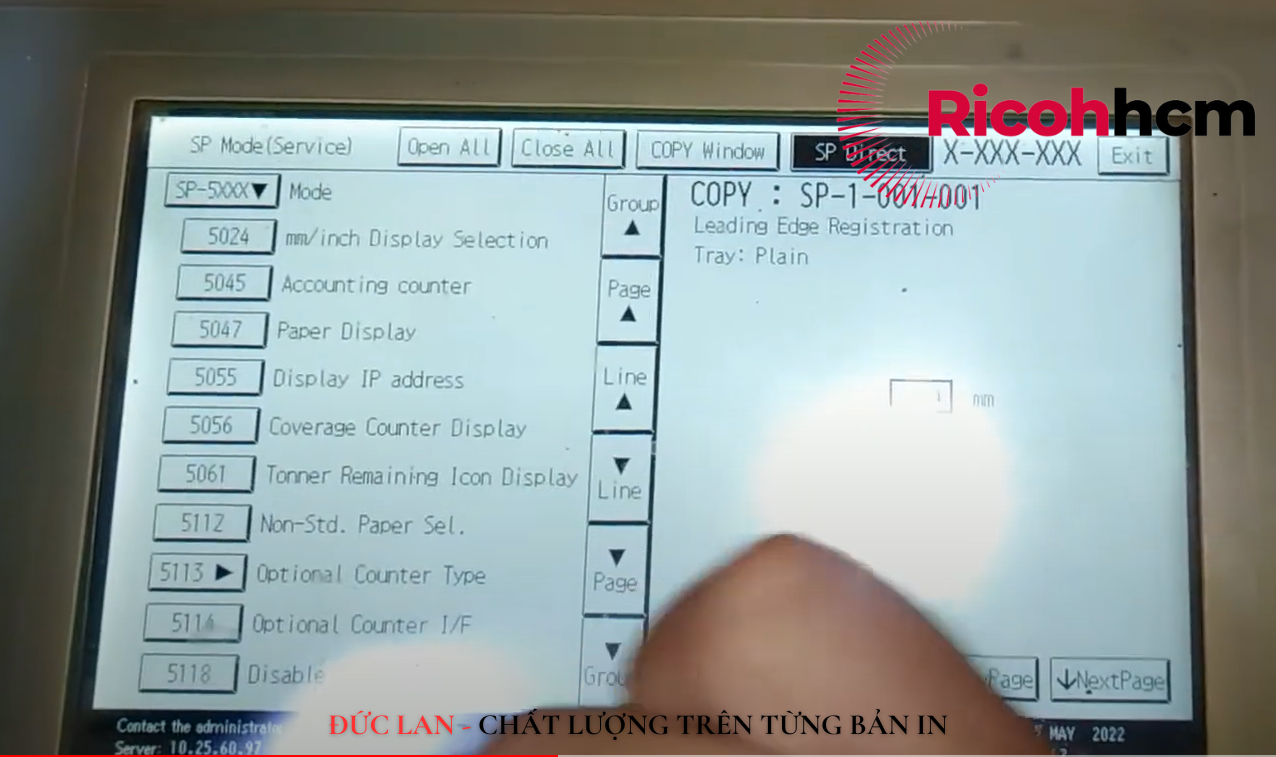 Reset máy để xóa lỗi SC 441 trên máy photocopy Ricoh: Cuộn trang tìm nút lệnh SP-5810