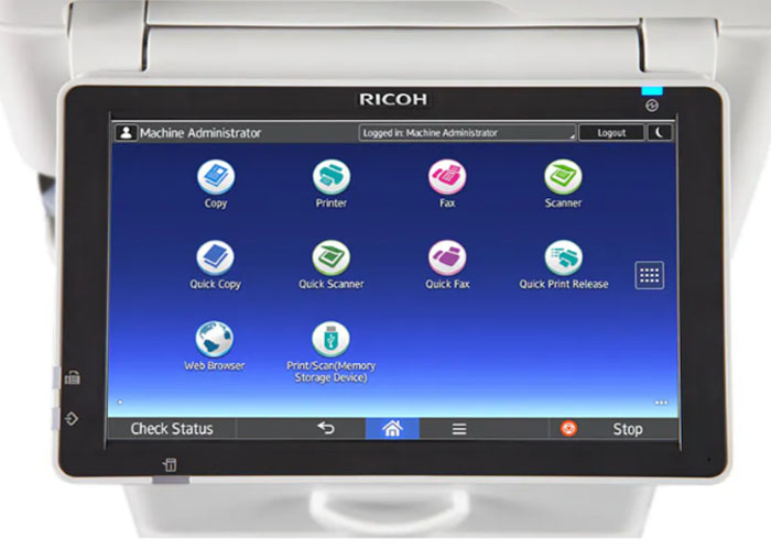 Ricoh mp 305+ SPF sửa dụng màn hing thông minh 10.1 INCH, dễ dàng lựa chọn các chức năng